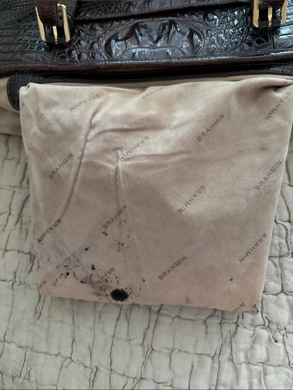 Brahmin Dark Brown and blackCroc-Embossed Leather Messenger Bag gold hardware - Picture 15 of 17